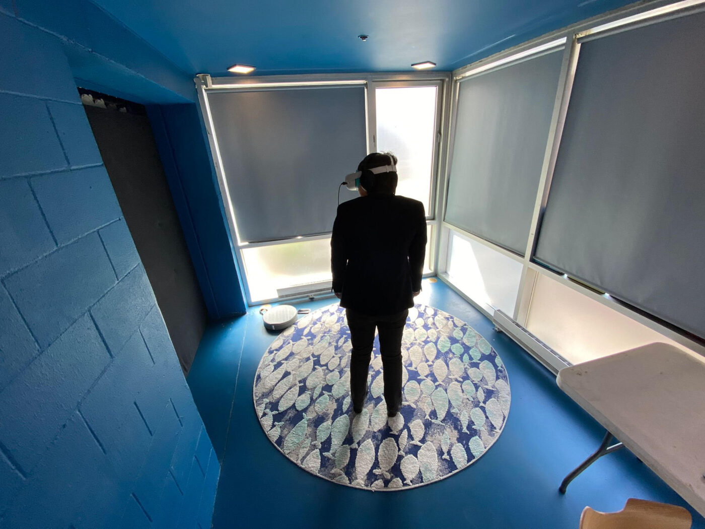 A person in by themselves in front of windows will all the blinds drawn. They face away from the camera, wearing a VR headset.